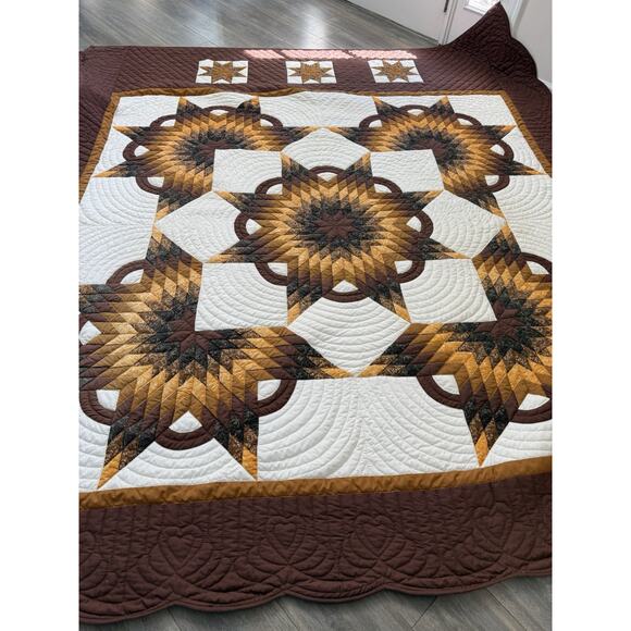 Handcrafted Other - Amish Broken Star Quilt Handcrafted Brown Gold Cotton Handsewn King 98x113